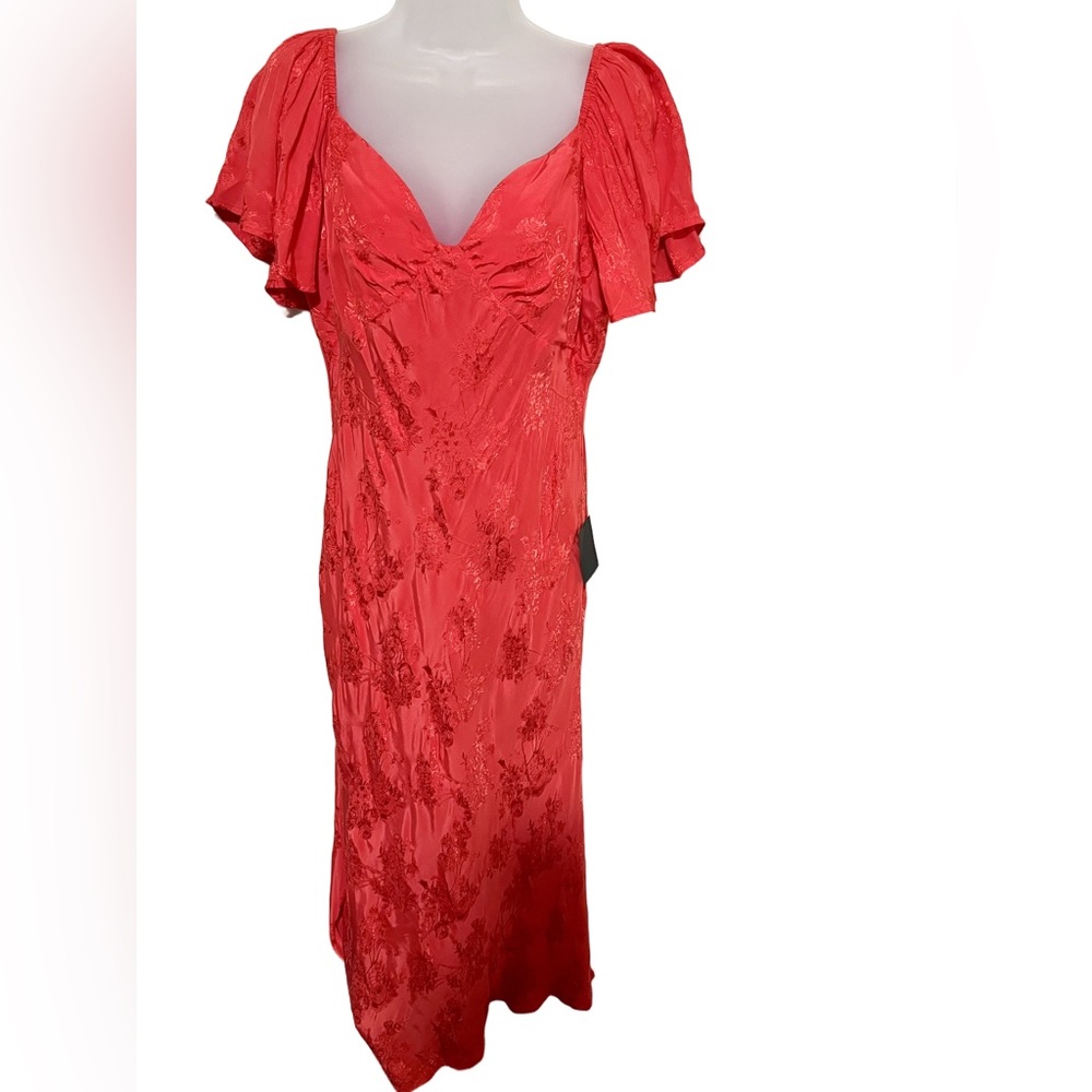 NWT XL Lulu's Effervescent Afternoon Red Satin Flutter Sleeve Midi Dress - Picture 5 of 16
